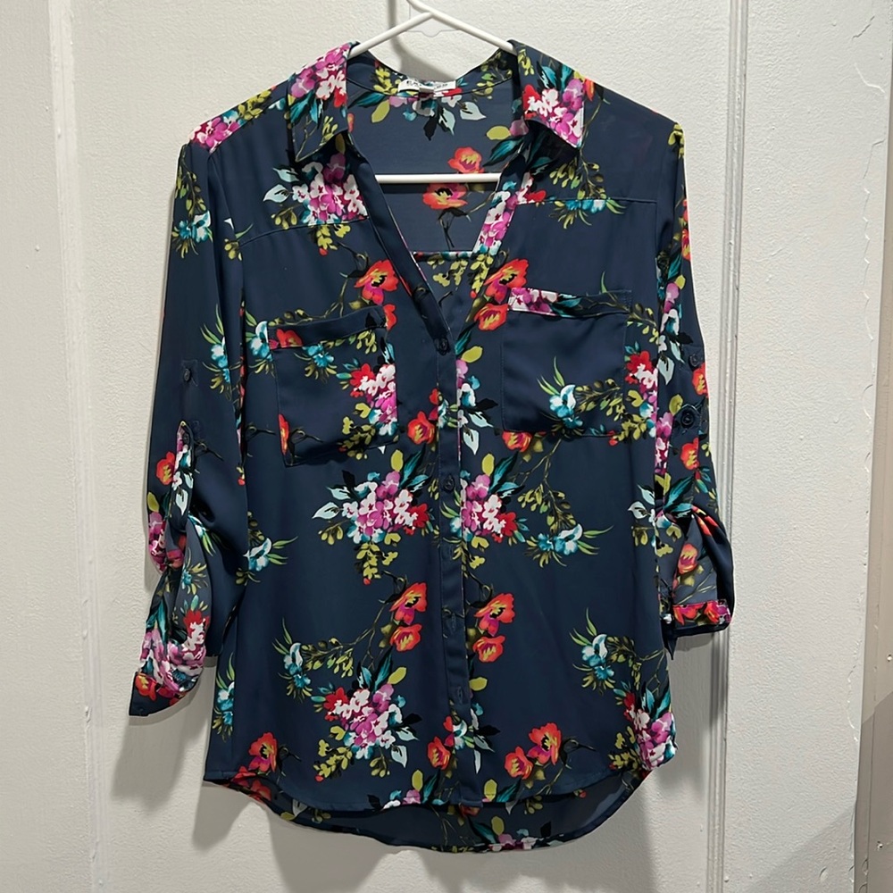 Express Women Portofino Top Floral Blue Office Button Down Polyester Light